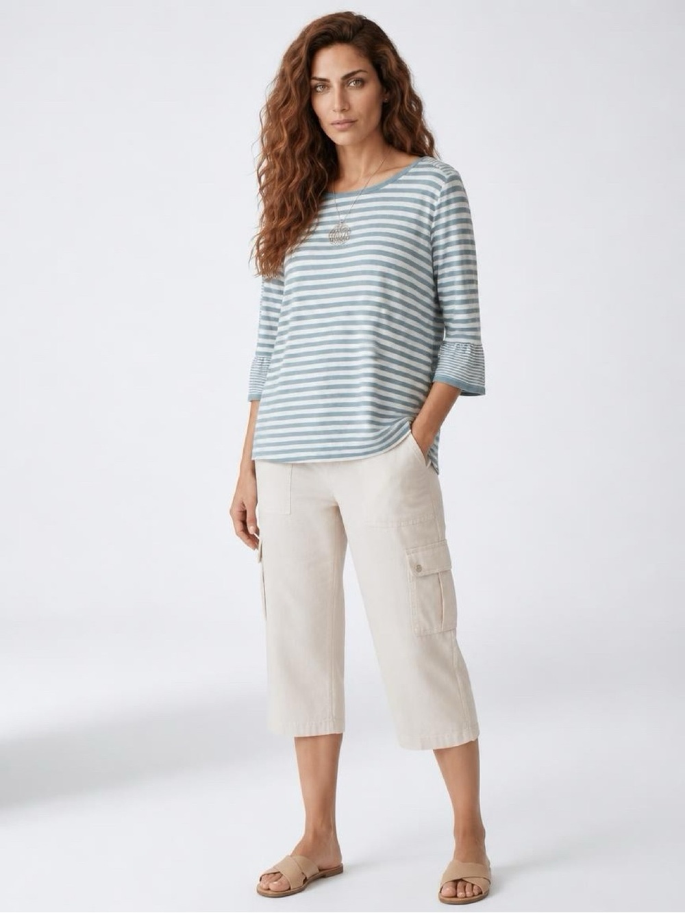 J. Jill Medium Petite Striped 3/4 Sleeve Top Ruffle Cuff Cotton Modal Petite